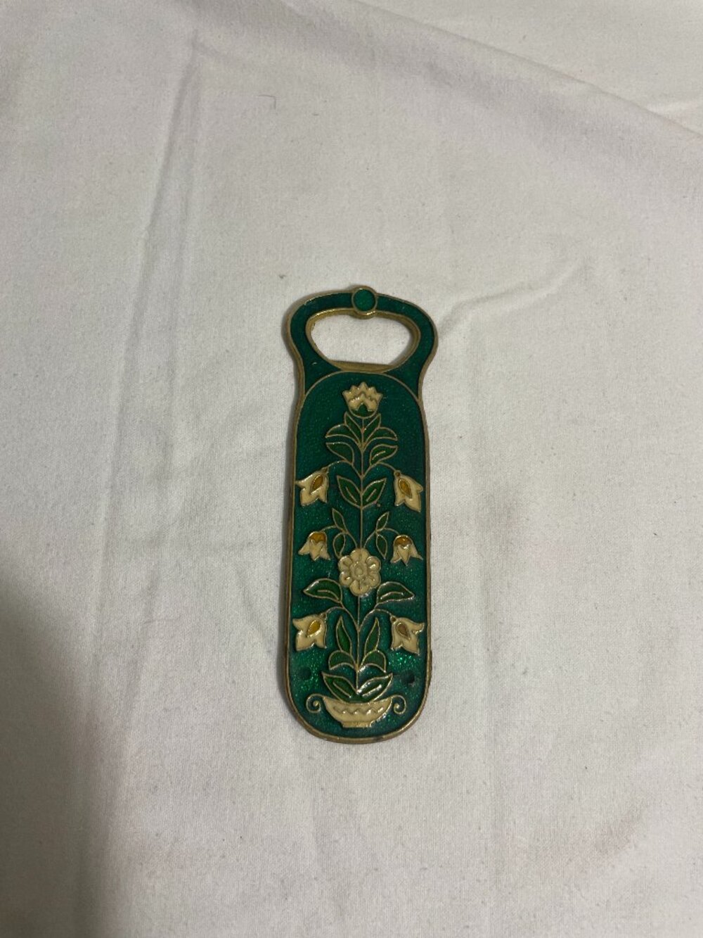 Vintage Double Sided Floral Enamel Brass Bottle Opener Green Cream 4.5”